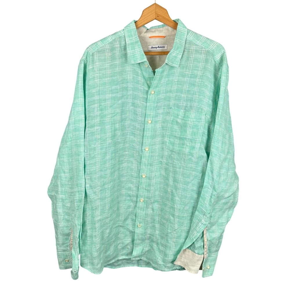 Tommy Bahama Mens XL Linen Long Sleeve Shirt Green Windowpane Plaid Button Front